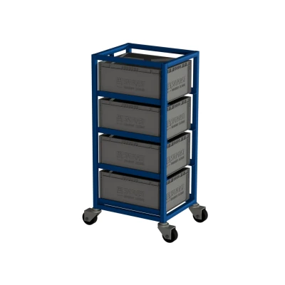 Wózek na skrzynki transportowe 400 x 300 x 170 – 4 skrzynki, jednorzędowy